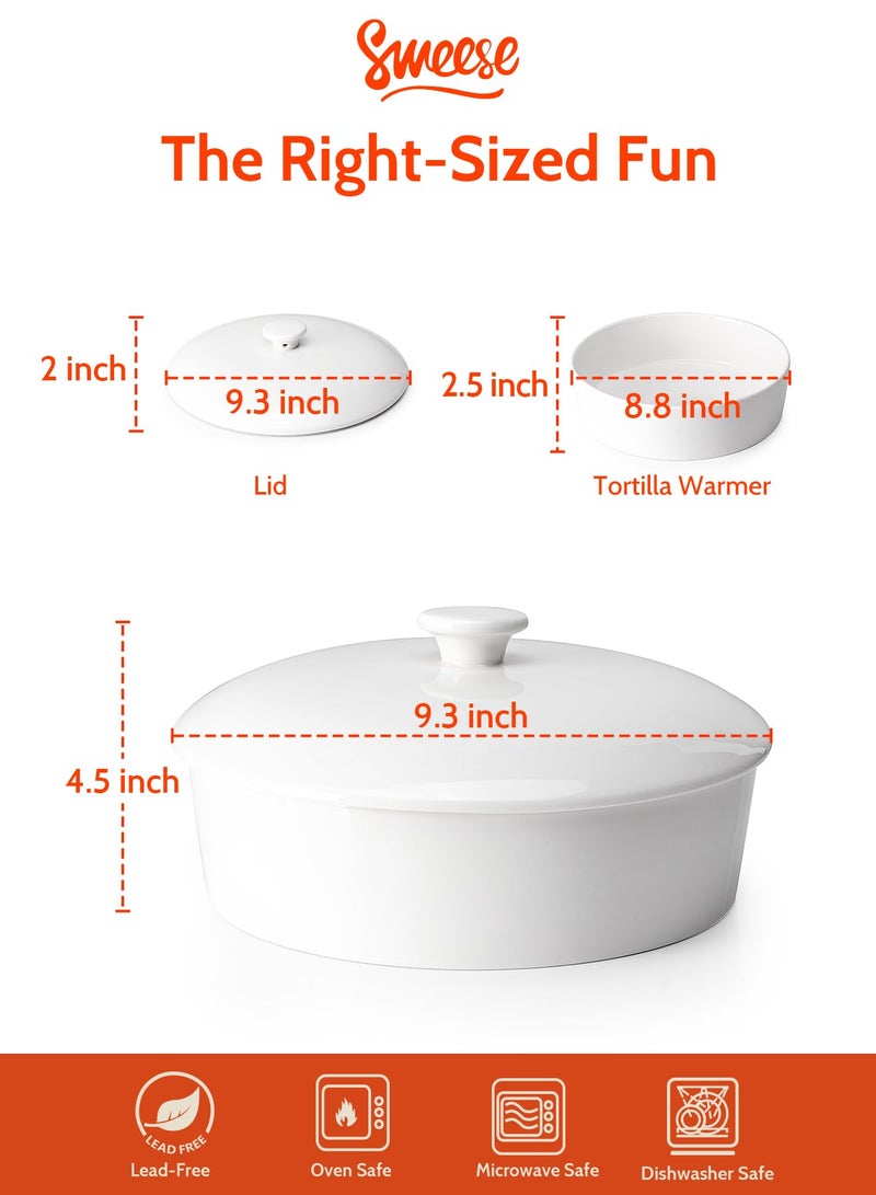 Sweese Ceramic Tortilla Warmer - Holds 12 Tortillas, Microwave & Oven Compatible, Elegant White Tortilla Holder with Lid for Taco Nights, Pancakes, Waffles - Durable & Easy to Clean - Image 2
